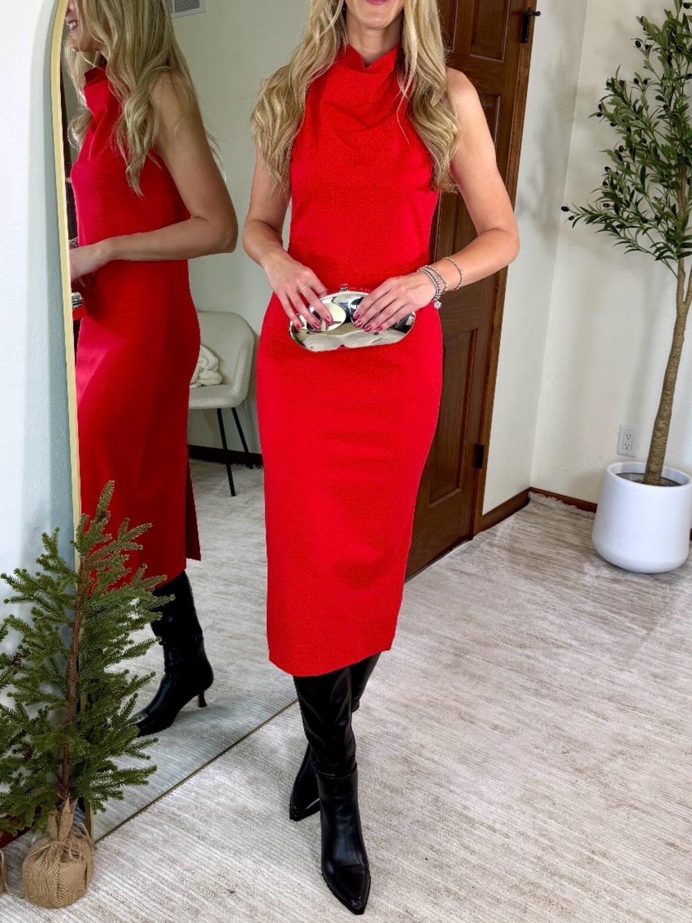 SPANX Elegant Red Sleeveless Midi Dress With Cowl Neck